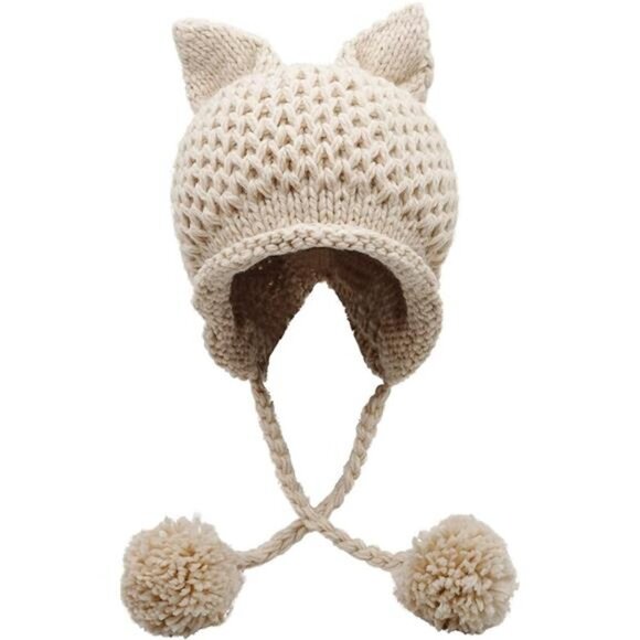 Women's Winter Cute Cat Ears Knit Hat Ear Flap Crochet Beanie Hat
